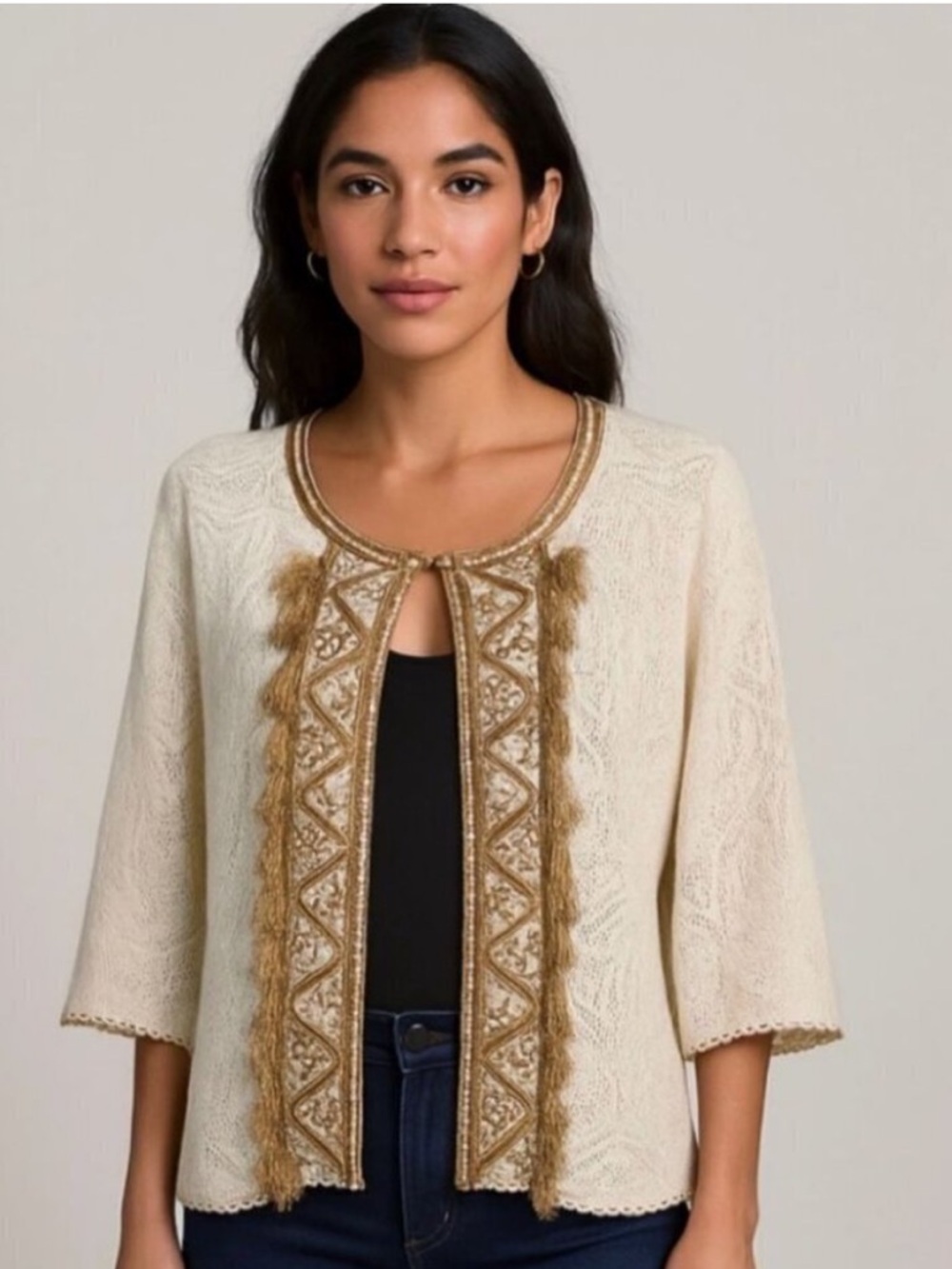 Calypso St Barth Cream Lace Cardigan with Gold Trim